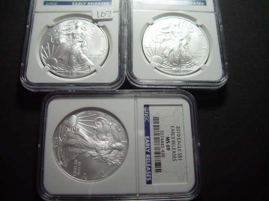 Three 2010 Early Releases BU Silver Eagles  NGC MS69