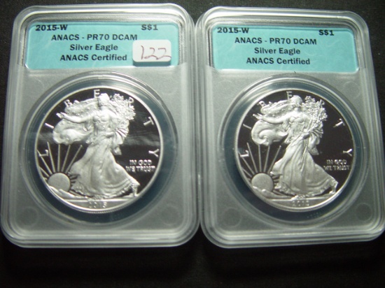 Two 2015-W Proof Silver Eagles   ANACS PR70 DCAM