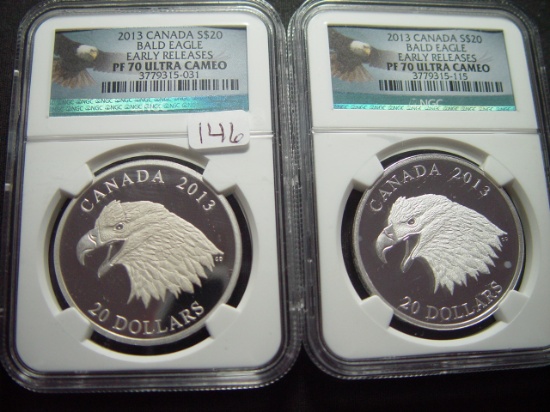 Two 2013 Early Releases Canada Silver Bald Eagle  NGC PR70 Ultra Cameo