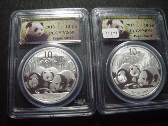 Two 2013 BU Silver Pandas  PCGS MS69