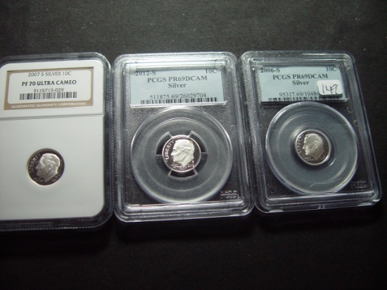 Three Different Deep Cameo Silver Proof Roosevelt Dimes: