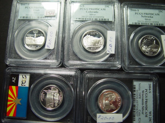 Five Different PCGS PR69 DCAM Silver Statehood Quarters: UT, CO, NE, WI, AZ