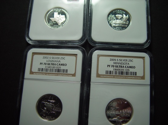 Four Different NGC PF70 Silver Statehood Quarters: TX, AR, LA, MN