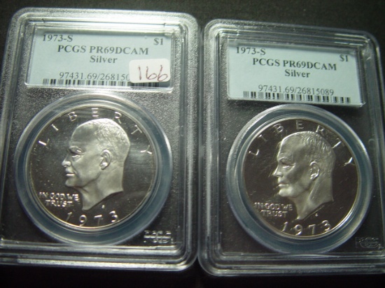 Two 1973-S Silver Eisenhower Dollars: PCGS PR69 DCAM  Better Date