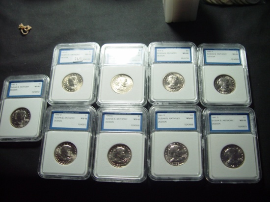 Nine Coin BU Set Susan B. Anthony Dollars: 1979 thru 1981 P-D-S Mints
