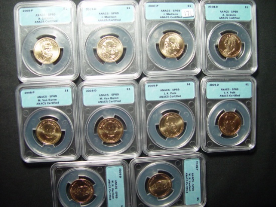 Ten Different ANACS SP69 P&D Mint Presidential Dollars: