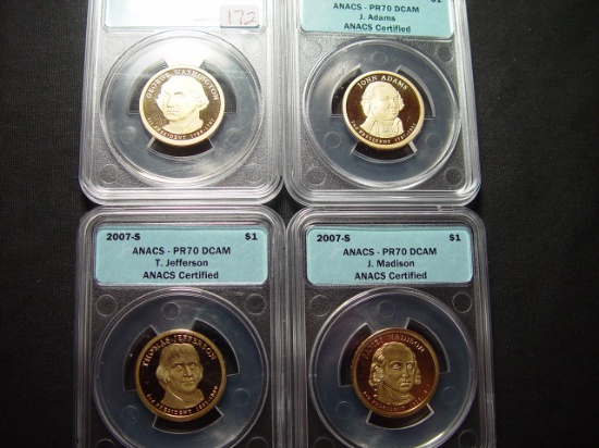 Set of Four 2007 ANACS PR70 DCAM Presidential Dollars
