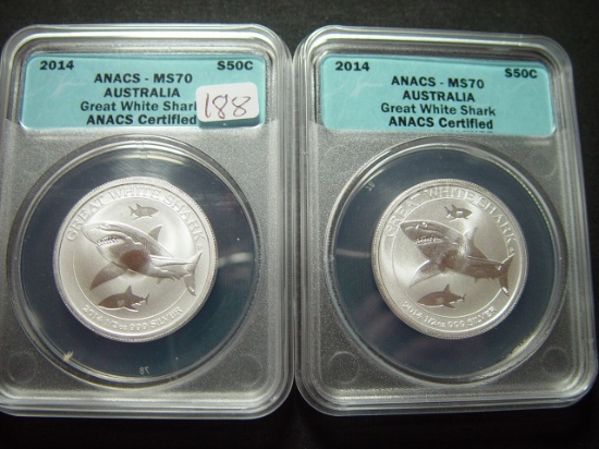 Two 2014 ANACS MS70 Australia Silver Great White Shark 1/2 Oz. Coins