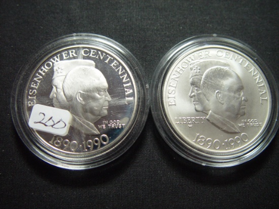 Two 1990 Eisenhower Silver Dollars:  BU & Proof