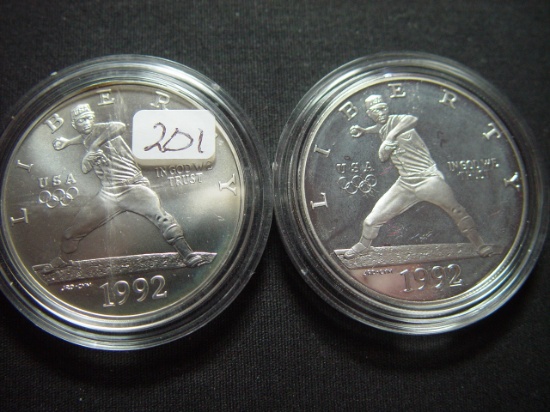 Two 1992 Olypmic Baseball Silver Dollars:   BU & Proof