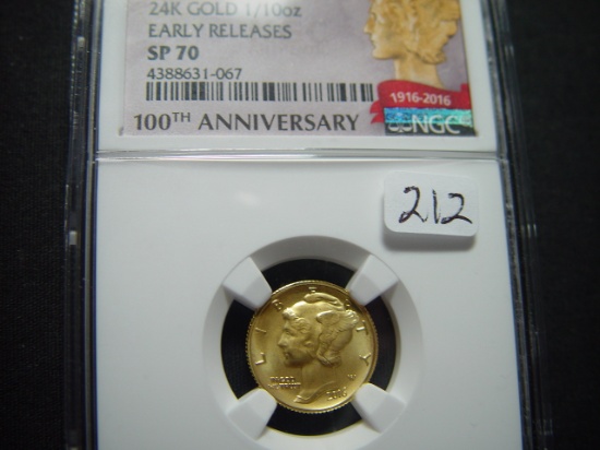 2016-W 100th Anniv. Early Release 24K Gold Mercury Dime  NGC SP70