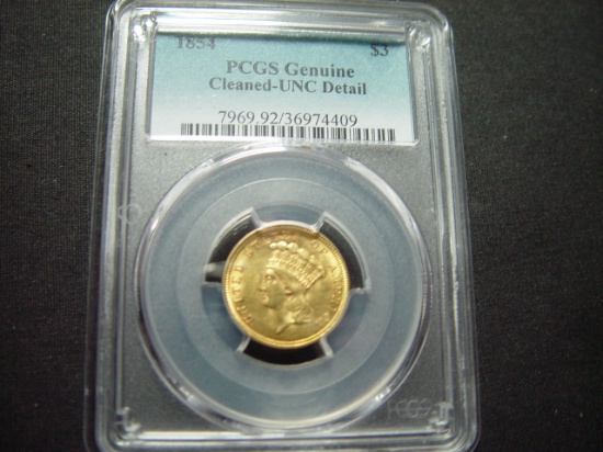 1854 $3 Gold  PCGS Genuine  Cleaned Unc.- Great look!