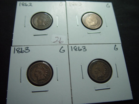 Four Good Copper-Nickel Indian Cents: 1862 & (3) 1863
