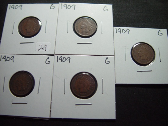 Five Good 1909 Indian Cents