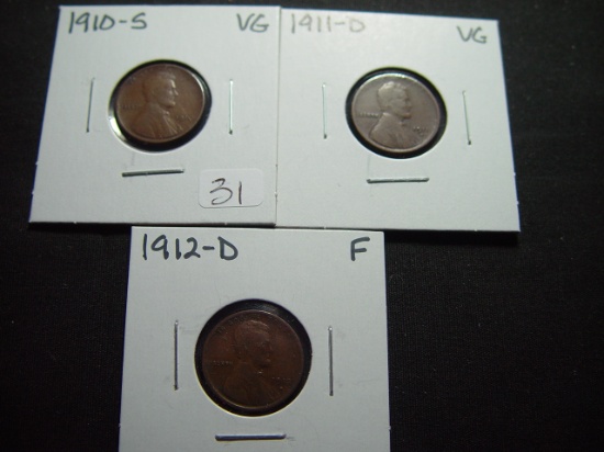 Three Early Lincoln Cents: 1910-S  VG, 1911-D  VG, 1912-D  Fine