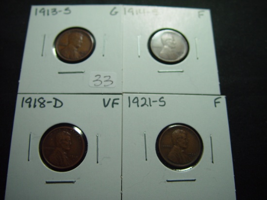Four Early Lincoln Cents: 1913-S  Good, 1914-S  Fine, 1918-D  VF, 1921-S  Fine