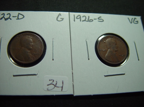 Pair of Semi-key Lincoln Cents: 1922-D  Good & 1926-S  VG