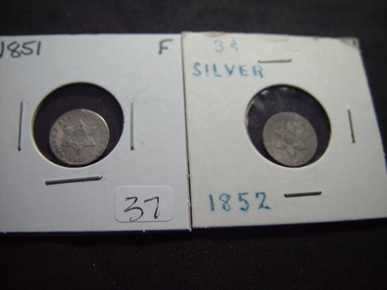 Two 3c Silver Pieces: 1851 & 1852