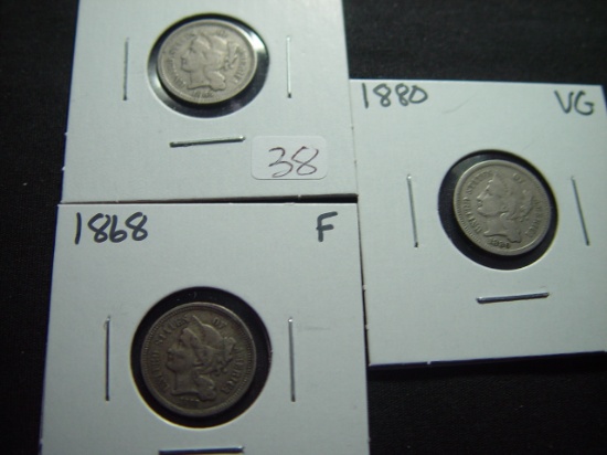 Three 3c Nickels: 1865, 1868, 1880