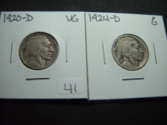 Pair of Buffalo Nickels: 1920-D Very Good  & 1924-D  Good