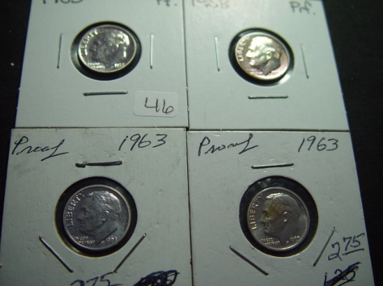 Four Silver Proof Roosevelt Dimes: 1953, 1958, (2) 1963
