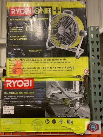 1 RYOBI 18v ONE HYBRID 18 in AIR CANNON MODEL P3340 /. 1 RYOBI 10 in. TABLE SAW WHITE STEEL STAND