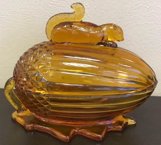 Amber Glass Squirrel Acorn Nut Jar