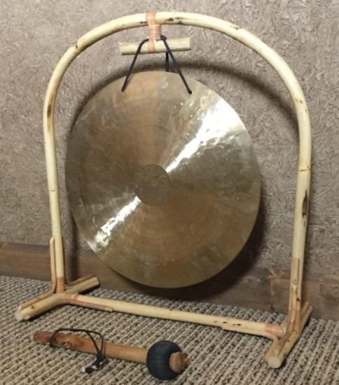 Brass Gong in Bamboo Stand with Mallet