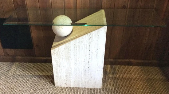 Travertine Foyer Table with Beveled Glass Top