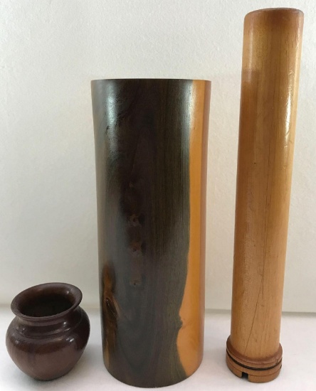 (2) Wood Carved Vases and Spindle from SC Cotton Mill