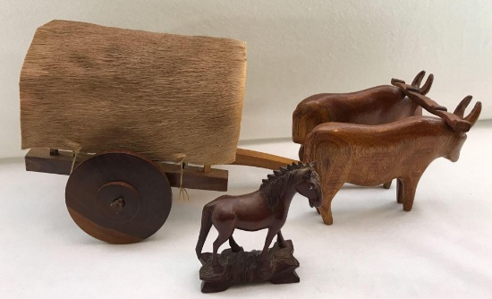 Carved and Leather Peruvian Carved Ox Cart with Wood Carved Horse Figure