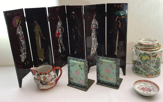 Cloisonne Bookends, Vintage Japanese Black Lacquer Table Screen & Orientalia