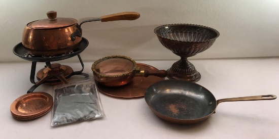 Vintage Copper Fondue Pot, Silent Butler, Skillet, Coaster, Plate and Pedestal Bowl