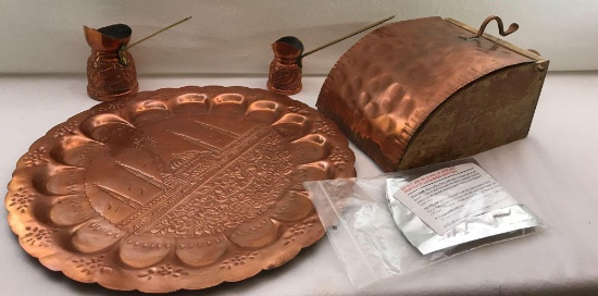 (2) Turkish Copper Coffee Pots, Decorative Copper Tray and Vintage Copper Silent Butler