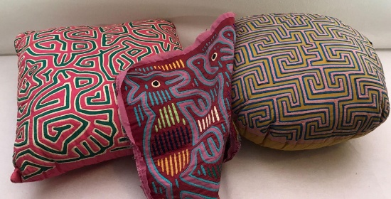 (2) Panamanian Mola Pillows with (1) Mola Pillow Panel