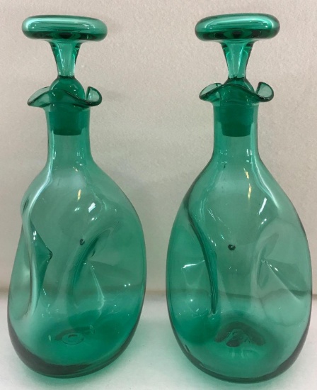 Pair of Green Blown Glass Decanters