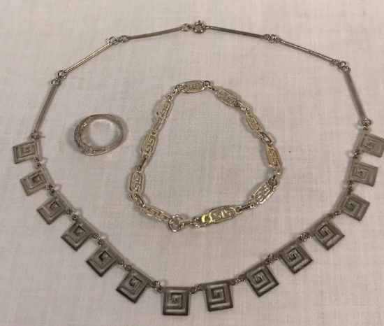 Grecian Key Jewelry Set: Necklace, Bracelet & Sterling Silver Ring