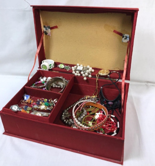 Assorted Costume Jewelry with Fabric Covered Jewelry Chest