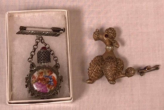 Masonic Lapel Pin, Vintage Poodle Pin w/Rhinestones & Vintage Perfume Bottle Pin
