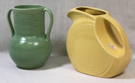 Small Fiesta Pitcher (Sunflower) & Vintage Handled Vase (unmarked)