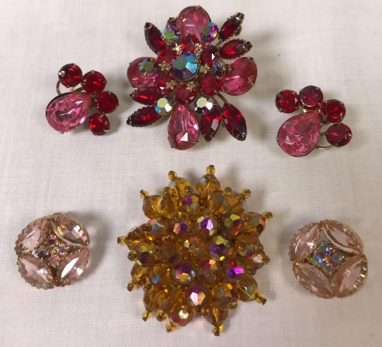 (2) Vintage Brooches - (1) with Matching Clip Earrings and (1) with Coordinating Clip Earrings