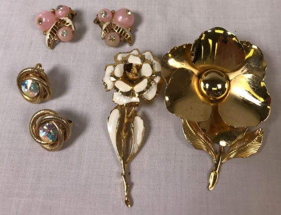 (2) Vintage Floral Brooches with Coordinating Clip Earrings