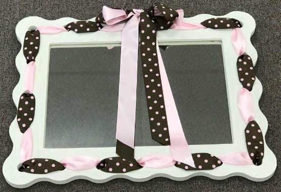 Decorative Painted Wood Mirror with Brown and Pink Polka Dot Ribbons & Bow