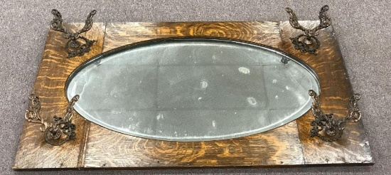 Tiger Oak Bevelled Oval Hall Mirror with Metal Hat Hooks