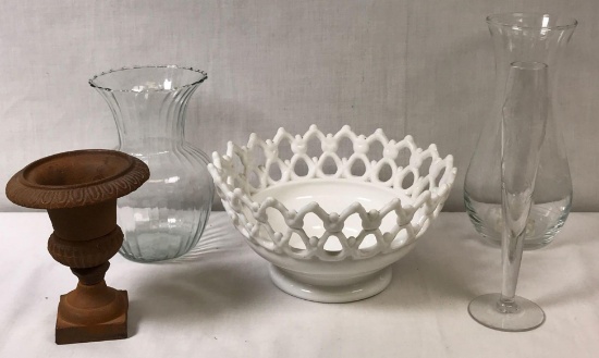 Vintage Cast Iron Mini Urn, Milk Glass Bowl and Assorted Vases