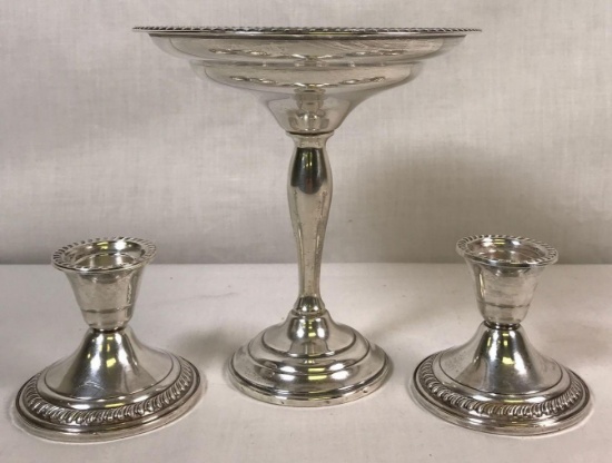 Weighted Sterling Silver Footed Candy Dish & Pair of Candlesticks