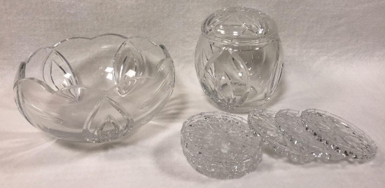 Towle Crystal Bowl & Crystal Biscuit Jar & (16) Glass Coasters