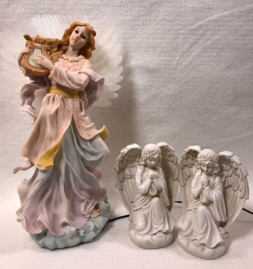 Fiber Optic Angel Figurine (16"h) and Pair of Praying Angels (unmarked)