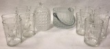 Set of (13) Tumblers, Ice Bucket, and Covered 1000-Eyes Crystal Candy Dish