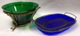 Green Glass and Brasstone Decorative Bowl & Blue Glass Platter in Metal Stand